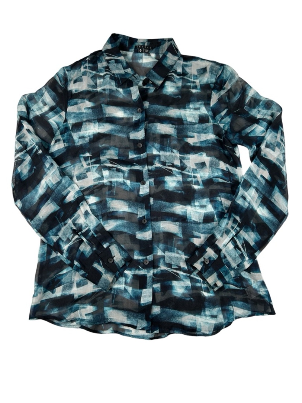 Theory 100% Silk Button Up Esmilina Cubist Plaid Abstract Blouse
